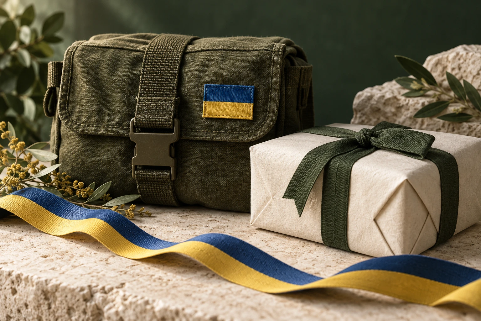 Символічна композиція: спорядження з українським прапором і пакунок допомоги.