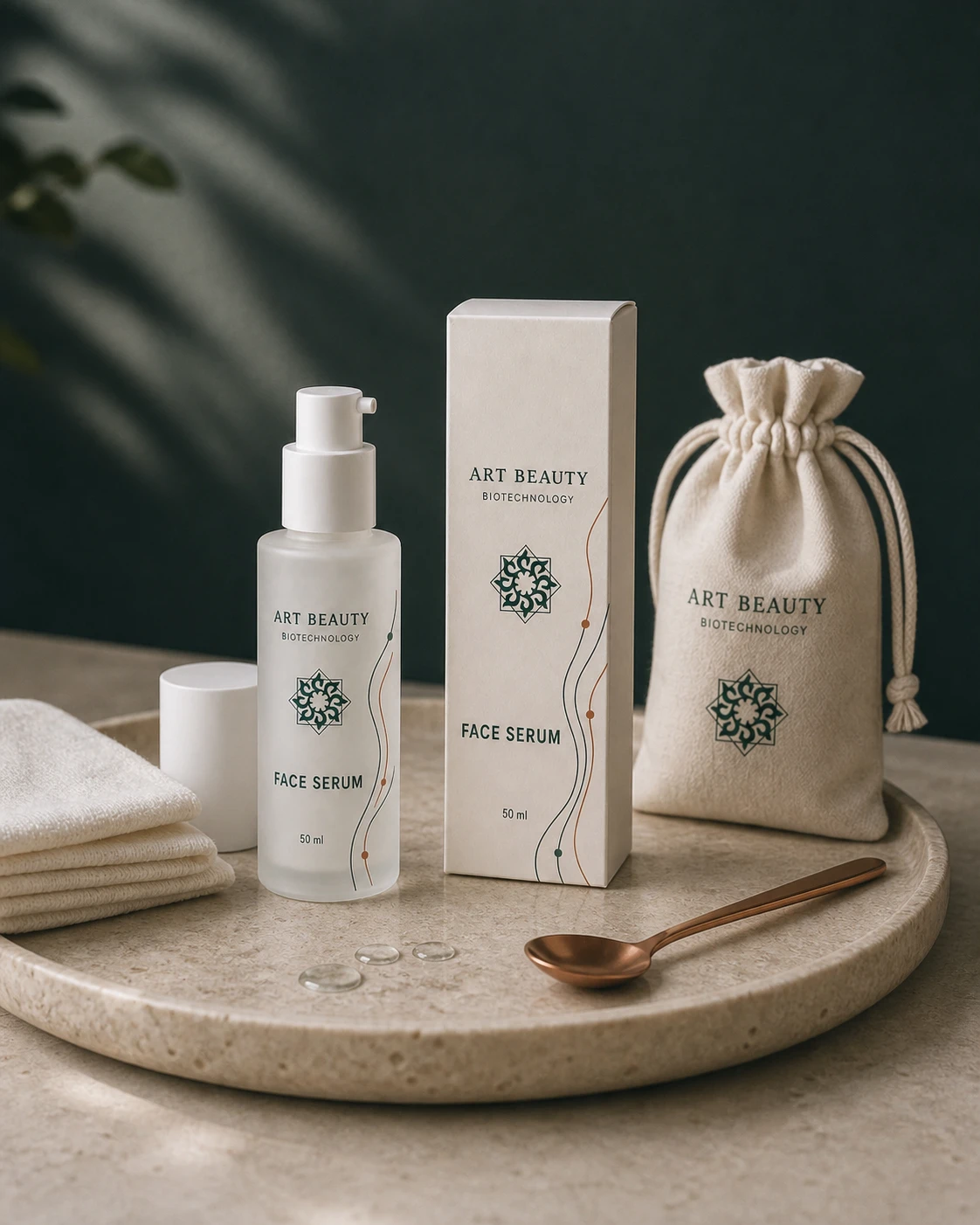 FACE SERUM 50 ml із коробкою та брендованим мішечком у стриманій ритуальній композиції.