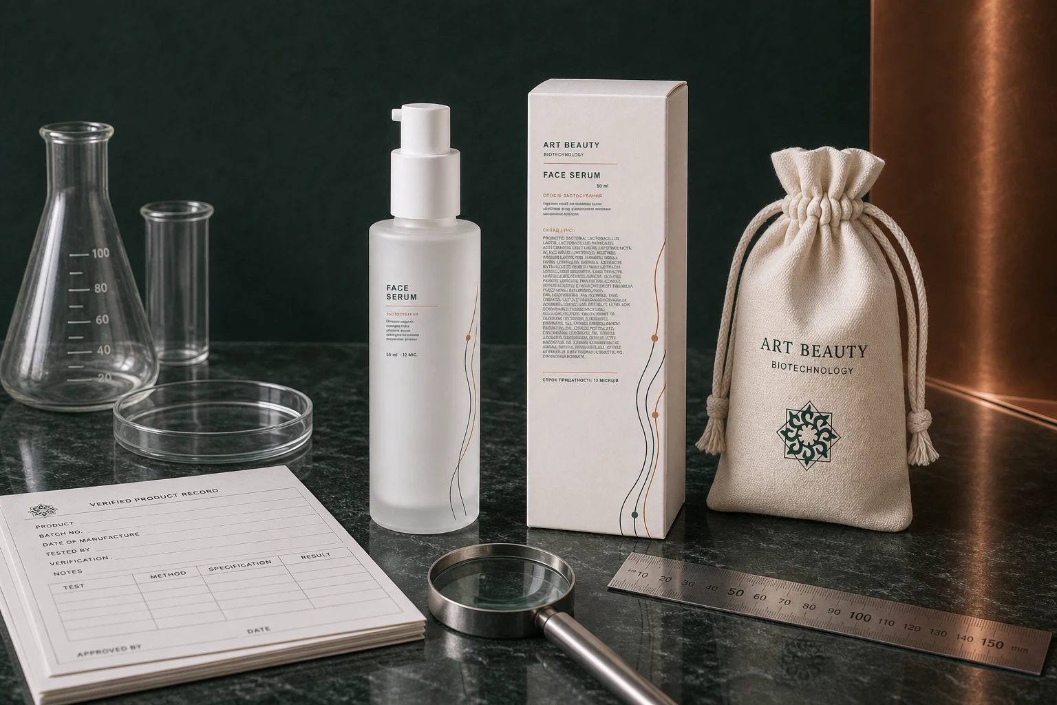 FACE SERUM 50 ml із коробкою у лабораторній сцені перевірки продуктового запису.