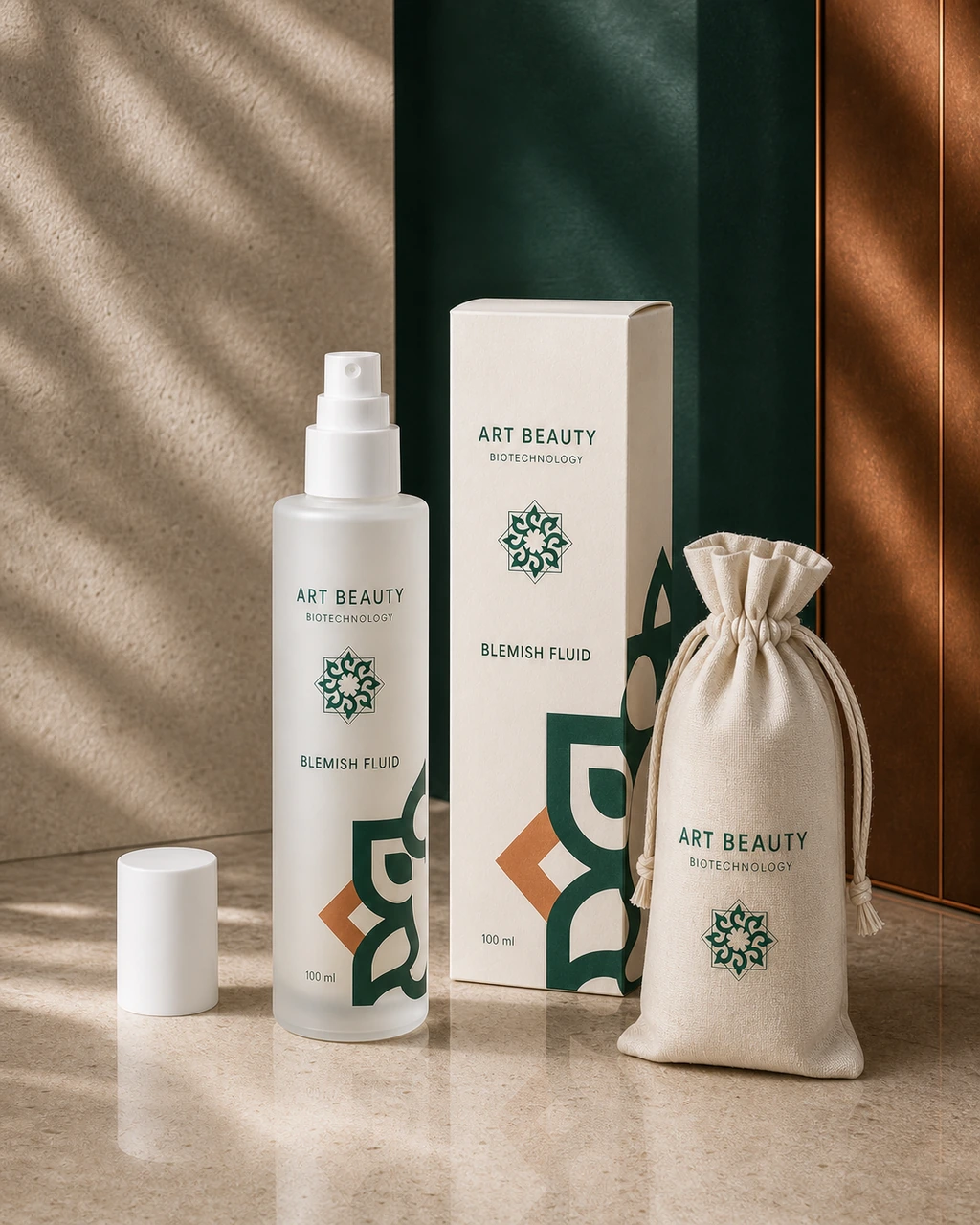 BLEMISH FLUID 100 ml у молочно-матовому скляному флаконі Disney з білим спреєм поруч із коробкою та брендованим мішечком.