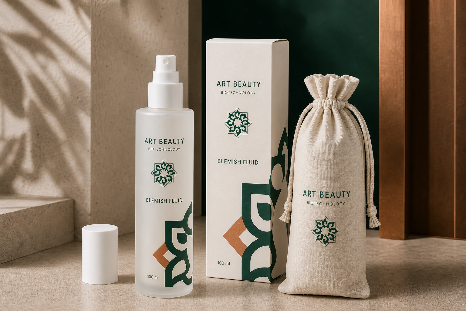 BLEMISH FLUID 100 ml, білий дрібнодисперсний спрей, коробка та брендований мішечок у композиції Signature Fragment.