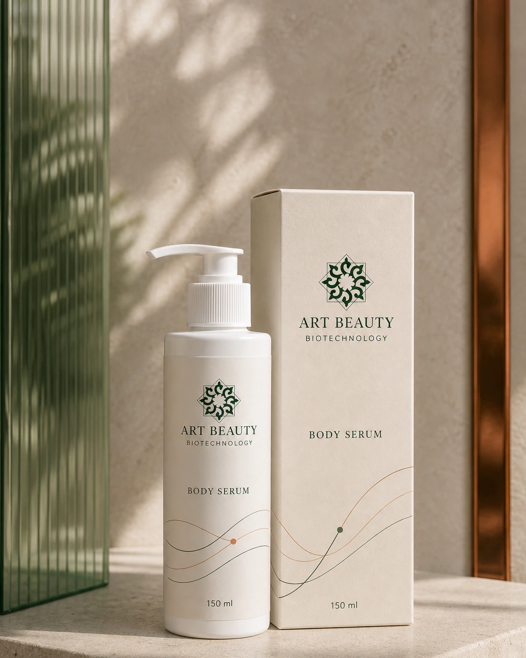 BODY SERUM 150 ml у білому флаконі з помпою поруч із картонною коробкою.