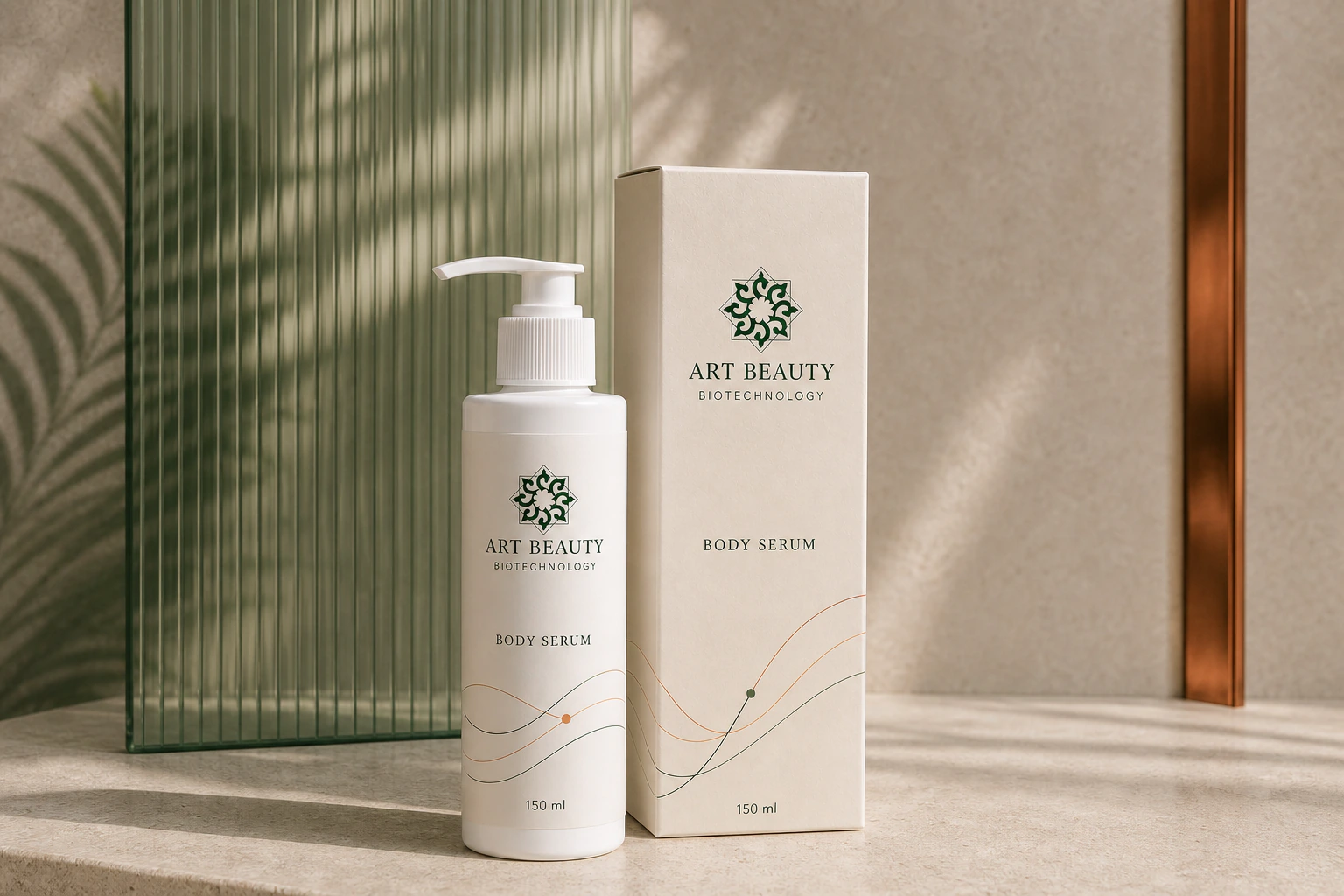 BODY SERUM 150 ml і коробка в цілісній предметній композиції після душу.