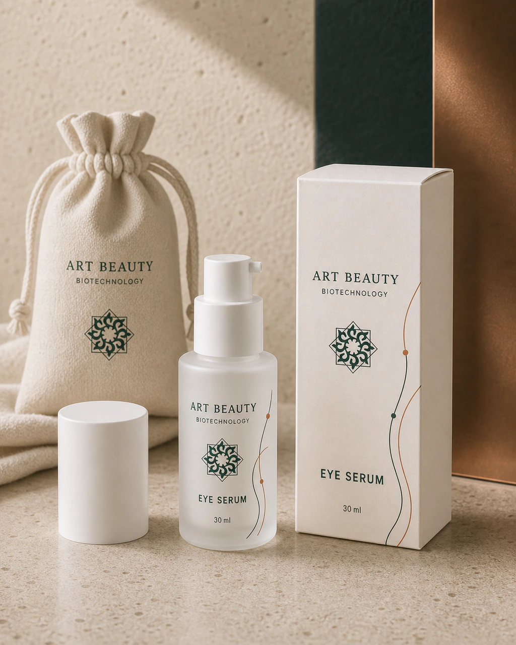 EYE SERUM 30 ml у молочно-матовому скляному флаконі з білим дозатором поруч із коробкою та брендованим мішечком.