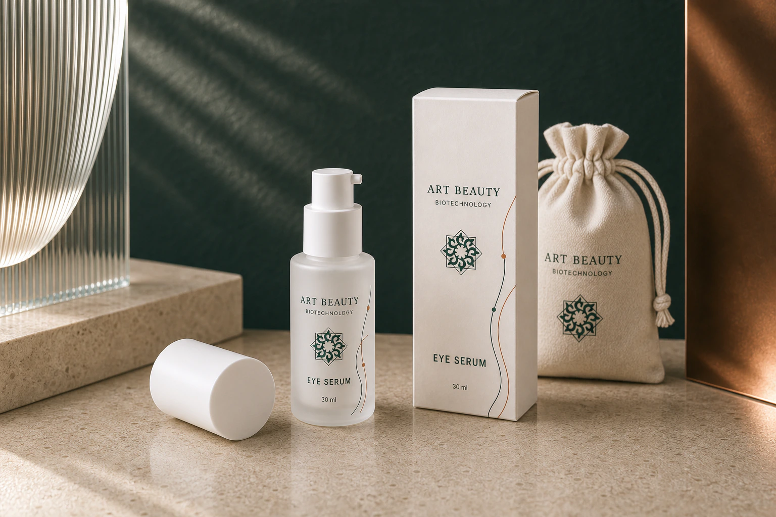 EYE SERUM 30 ml, білий дозатор із ковпачком, коробка та брендований мішечок у цілісній предметній композиції.
