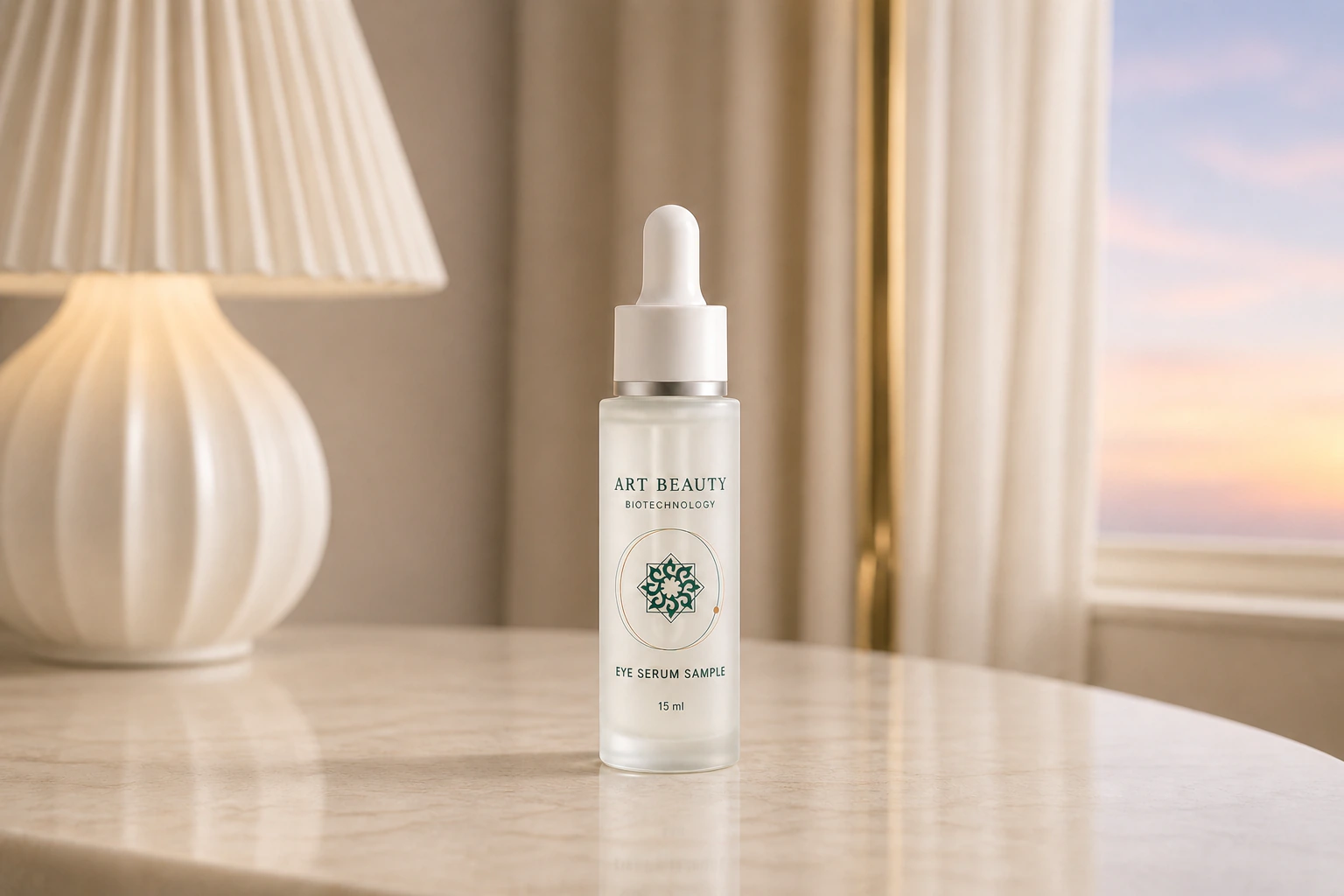 EYE SERUM SAMPLE 15 ml: матовий скляний флакон 15 ml із біло-сріблястою піпеткою та прямою шовкографією, без коробки й мішечка у повному фронтальному кадрі.