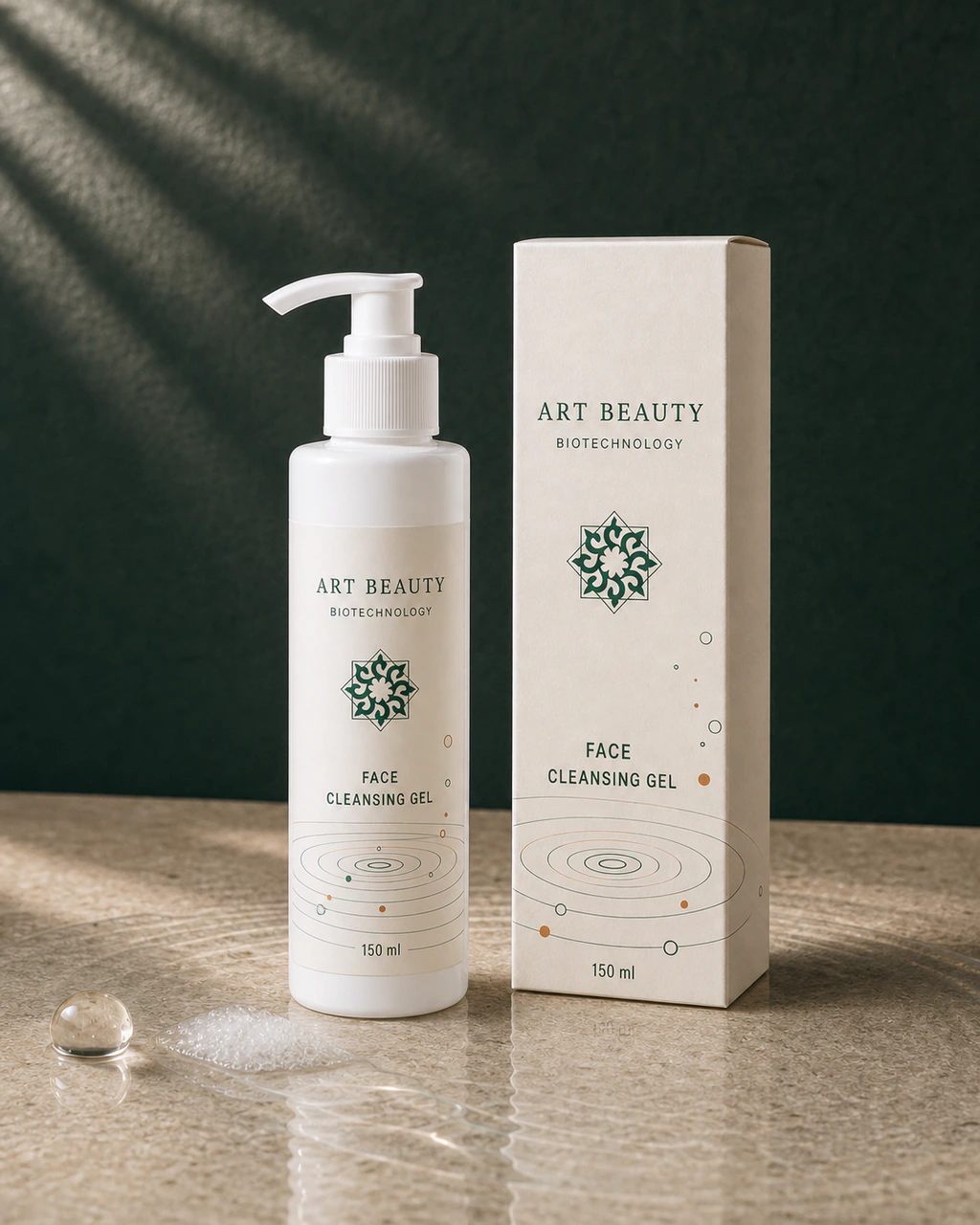 FACE CLEANSING GEL 150 ml у білому непрозорому PET-флаконі з довгим білим дозатором поруч із картонною коробкою.