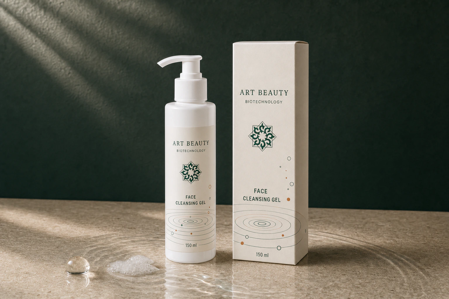 FACE CLEANSING GEL 150 ml, білий дозатор VM-02D і картонна коробка в цілісній водній предметній композиції.