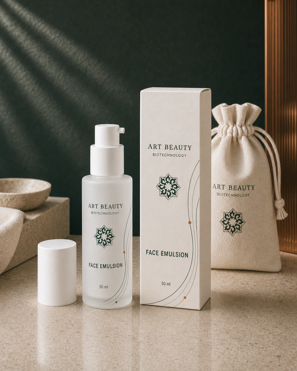 FACE EMULSION 50 ml у молочно-матовому скляному флаконі з білим дозатором, коробкою та брендованим мішечком.