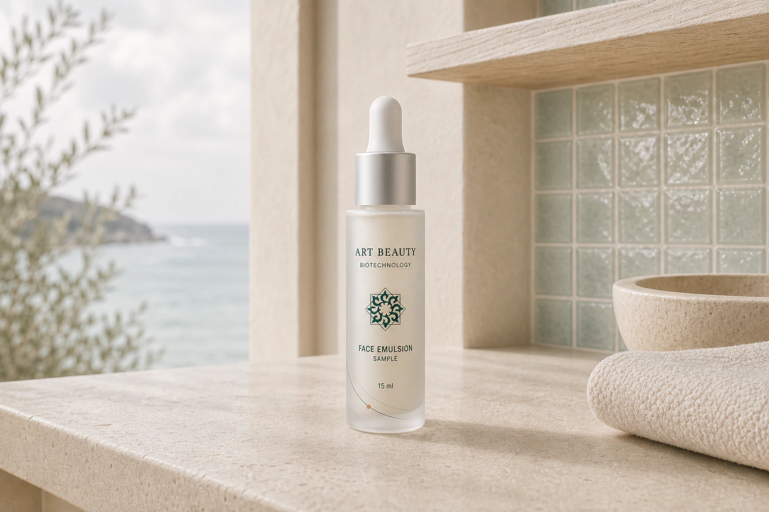 FACE EMULSION SAMPLE 15 ml: матовий скляний флакон 15 ml із біло-сріблястою піпеткою та прямою шовкографією, без коробки й мішечка у повному фронтальному кадрі.