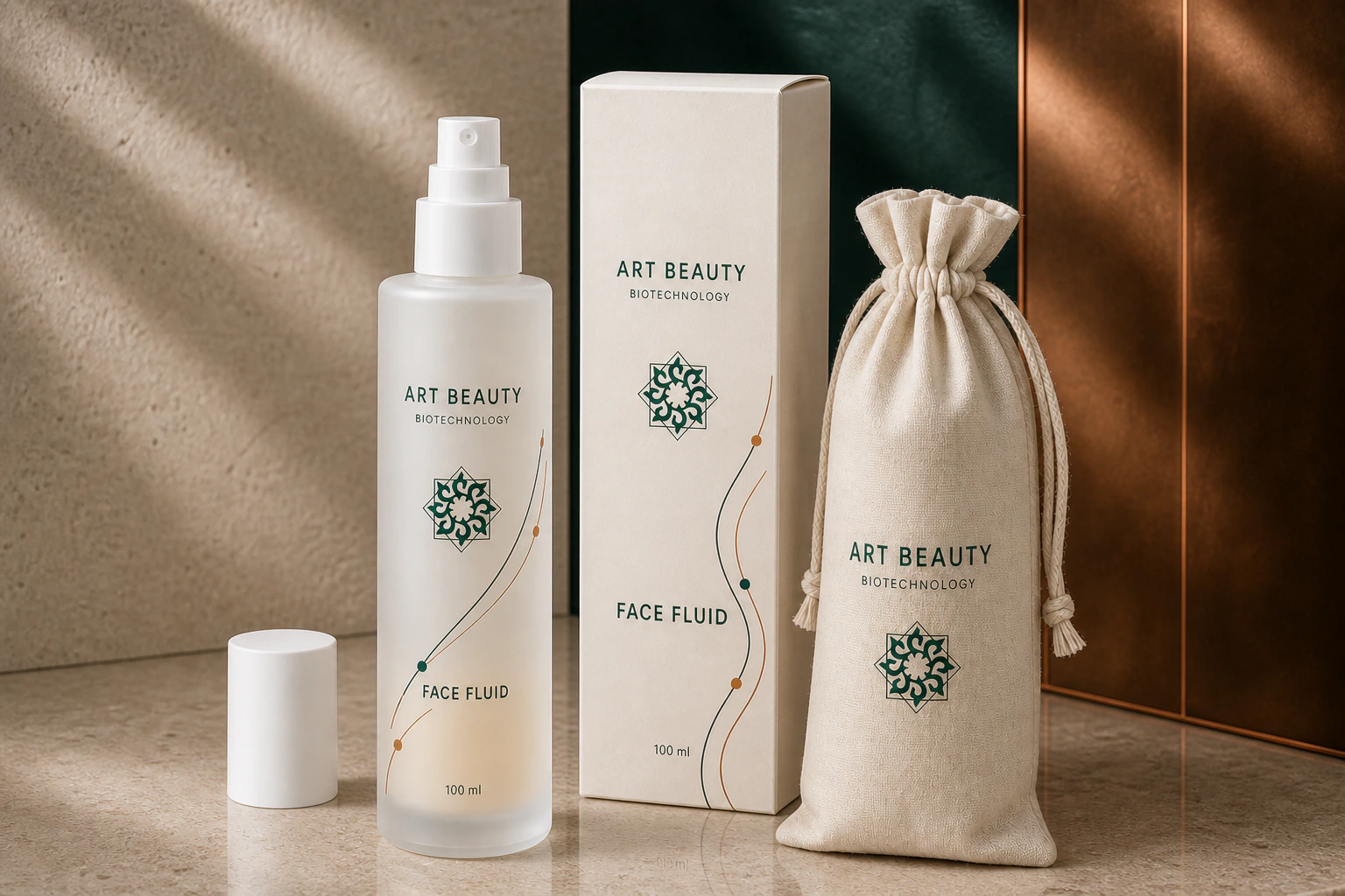 FACE FLUID 100 ml, білий дрібнодисперсний спрей, коробка та брендований мішечок у цілісній предметній композиції.