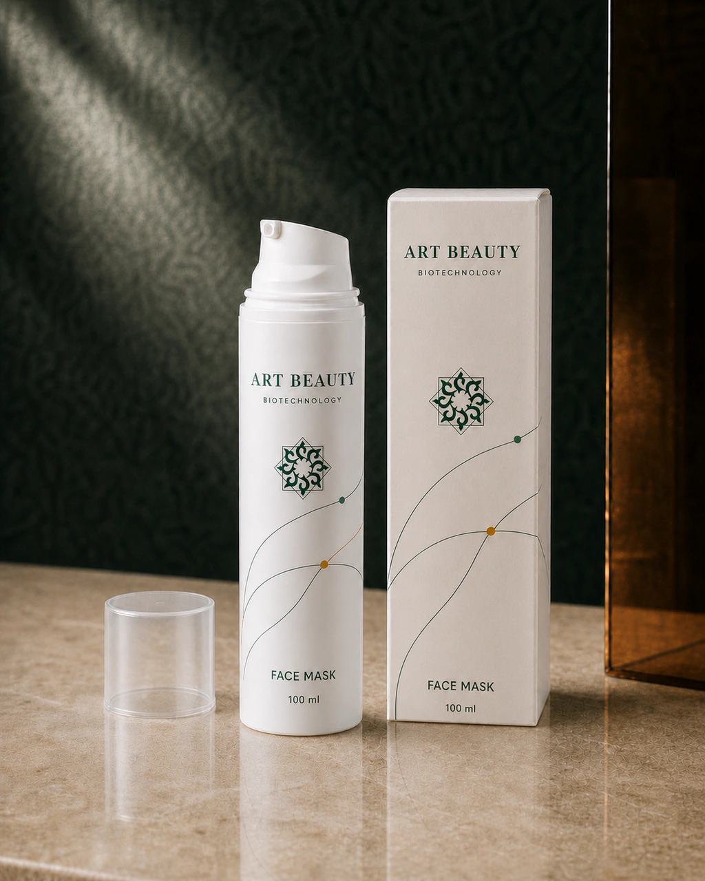 FACE MASK 100 ml у білому PP airless-флаконі з білим інтегрованим дозатором, прозорим захисним ковпачком і картонною коробкою.