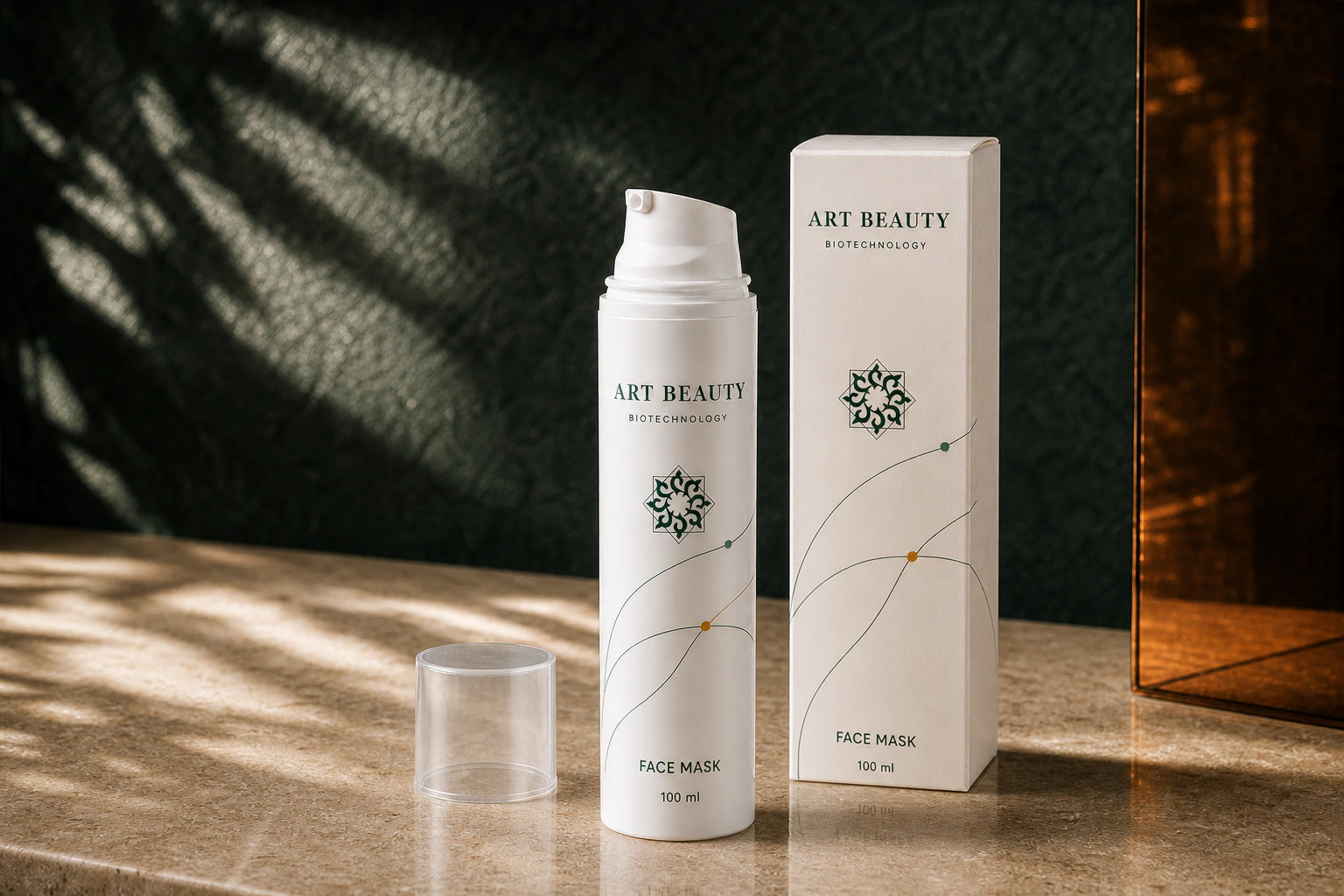 FACE MASK 100 ml, білий інтегрований airless-дозатор, прозорий захисний ковпачок і картонна коробка в цілісній предметній композиції.