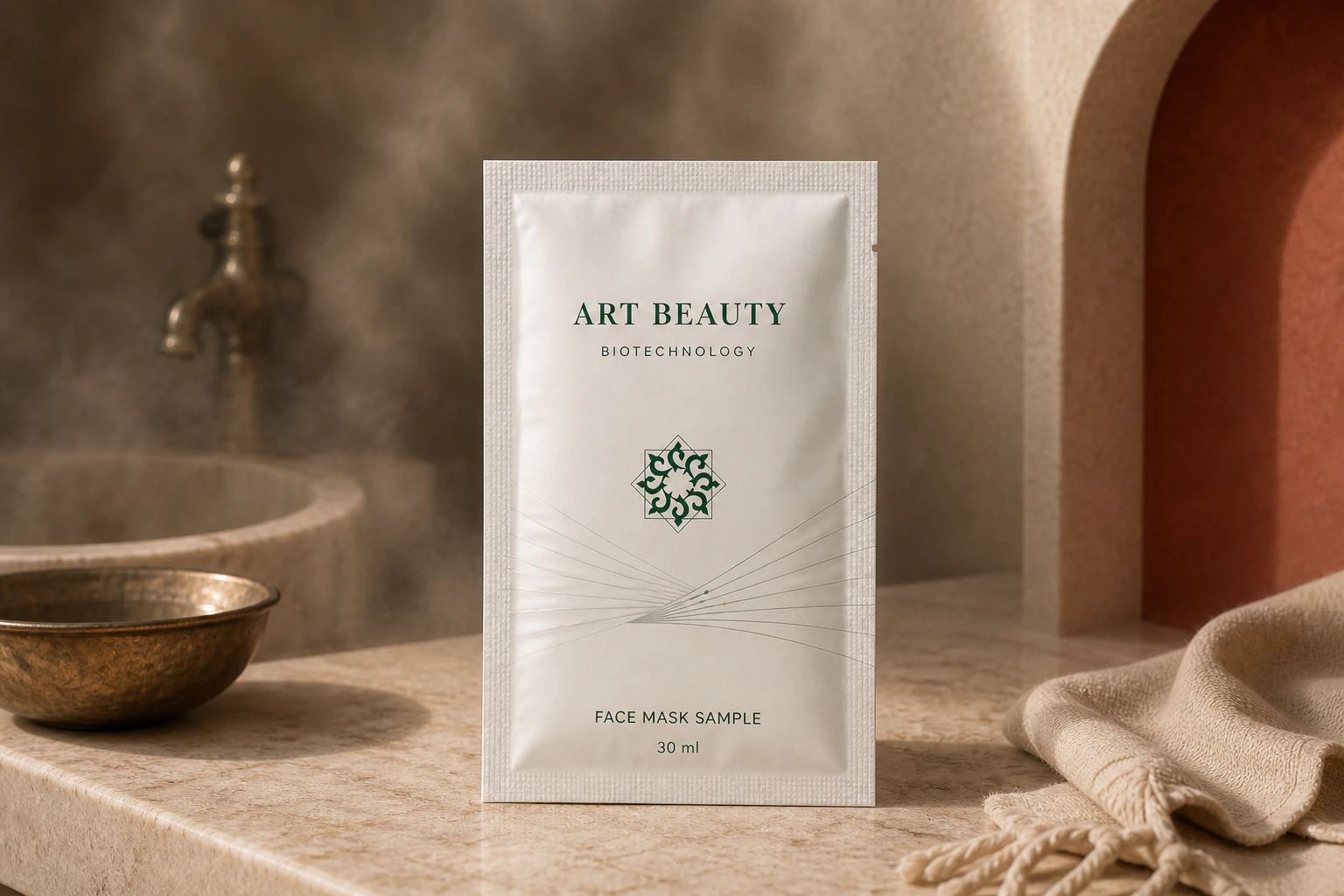 FACE MASK SAMPLE 30 ml: брендована прямокутна пластикова сашетка без коробки та мішечка у повному фронтальному кадрі.