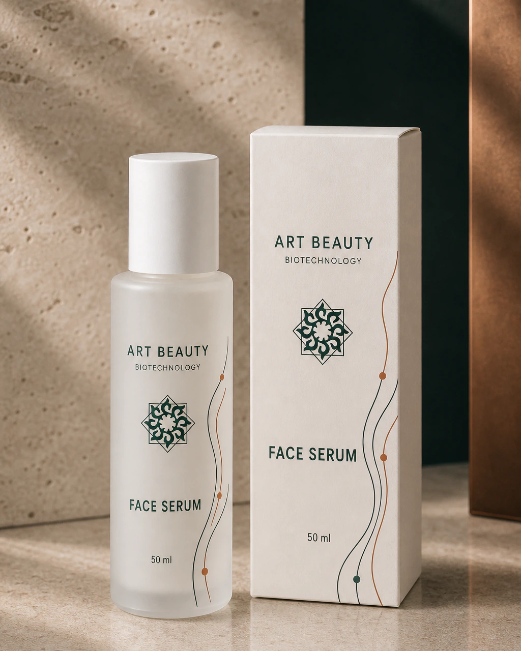 FACE SERUM 50 ml у матовому білому скляному флаконі поруч із коробкою в преміальній предметній композиції.