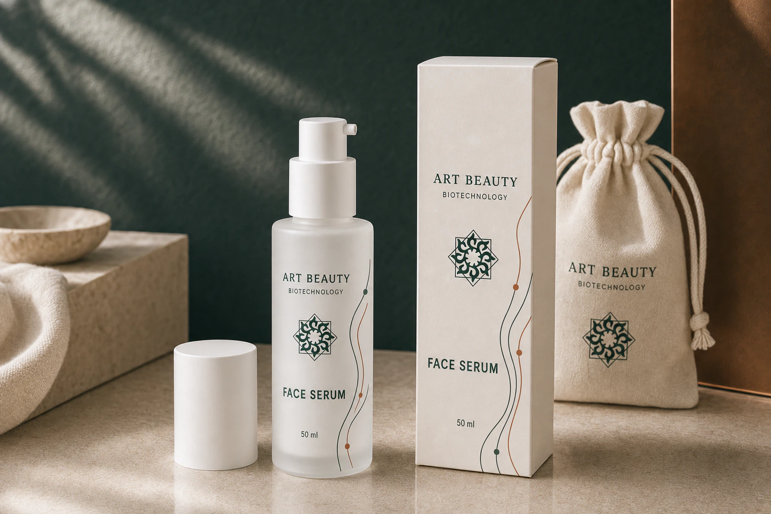 FACE SERUM 50 ml із білим дозатором, коробкою та брендованим мішечком у цілісній предметній сцені.