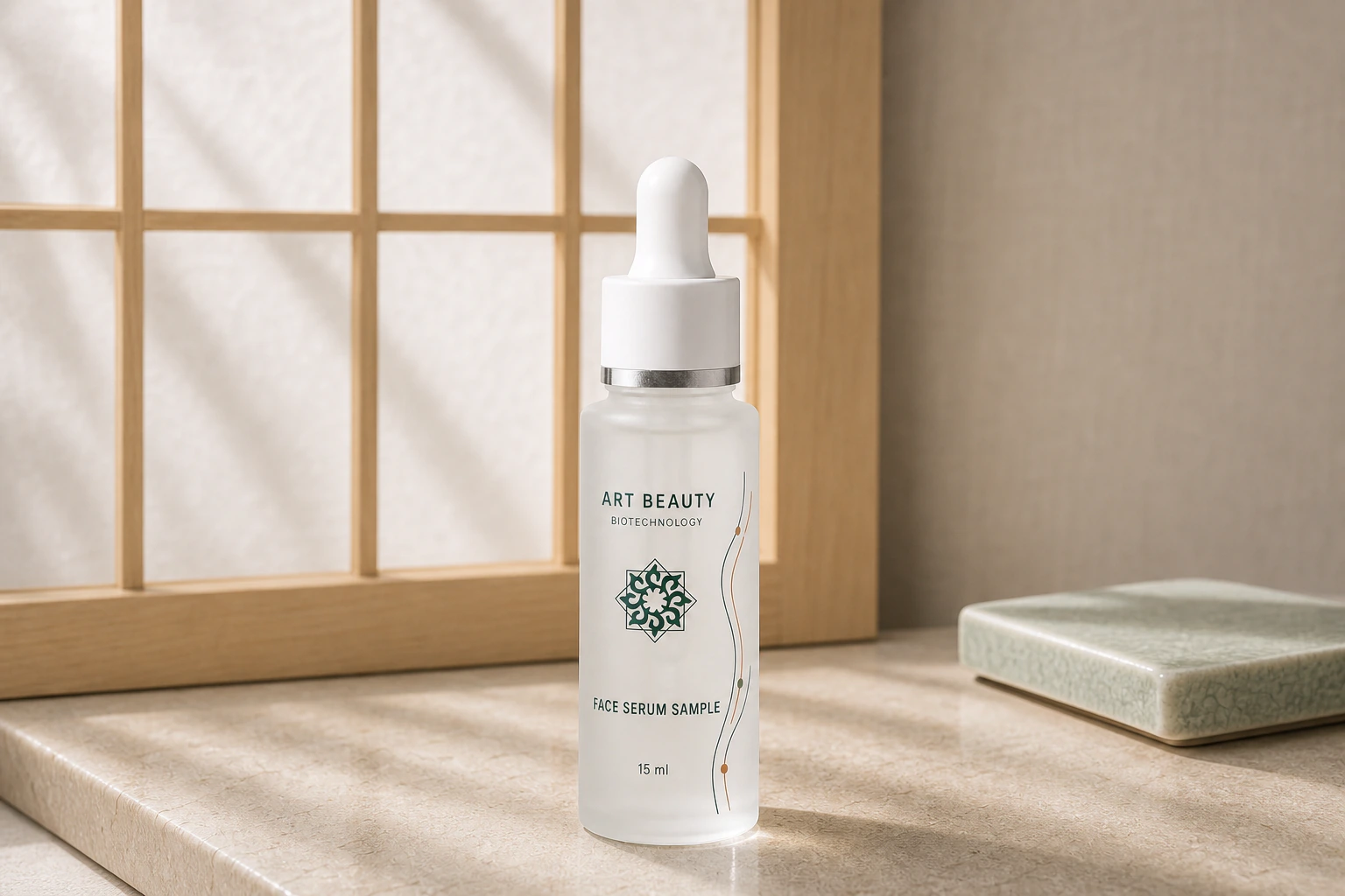 FACE SERUM SAMPLE 15 ml: матовий скляний флакон 15 ml із біло-сріблястою піпеткою та прямою шовкографією, без коробки й мішечка у повному фронтальному кадрі.
