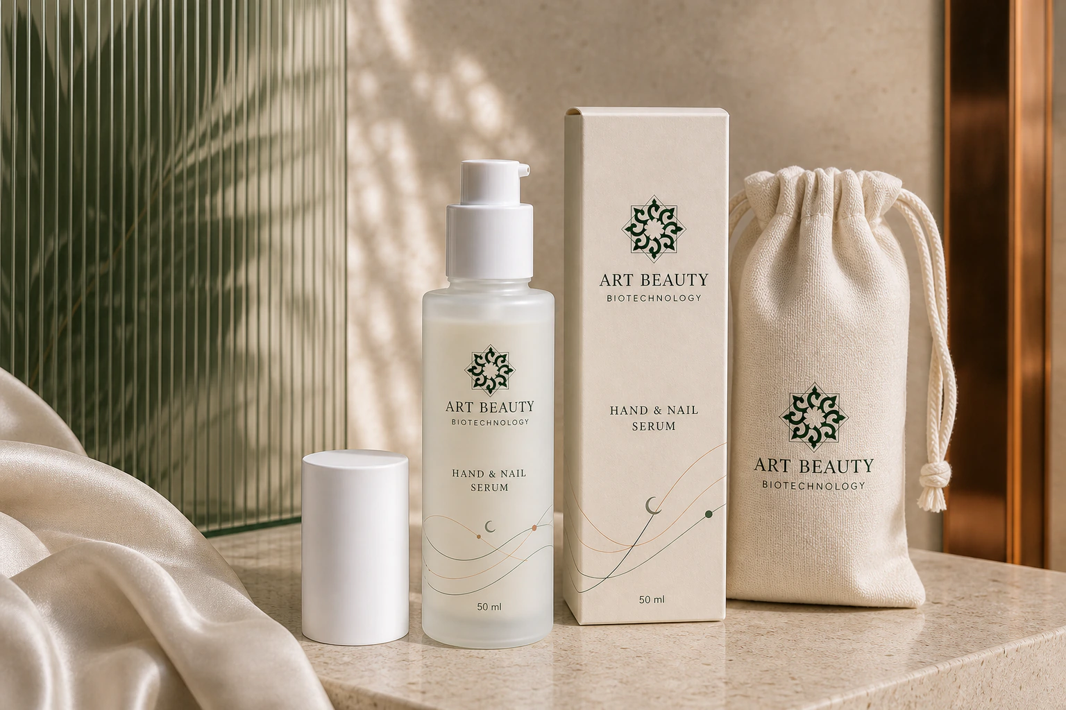 HAND & NAIL SERUM 50 ml, білий дозатор, ковпачок, коробка та мішечок в одній композиції.