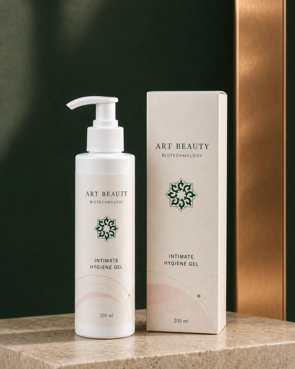 INTIMATE HYGIENE GEL 200 ml у білому непрозорому PET-флаконі Berlin із білим дозатором поруч із картонною коробкою.
