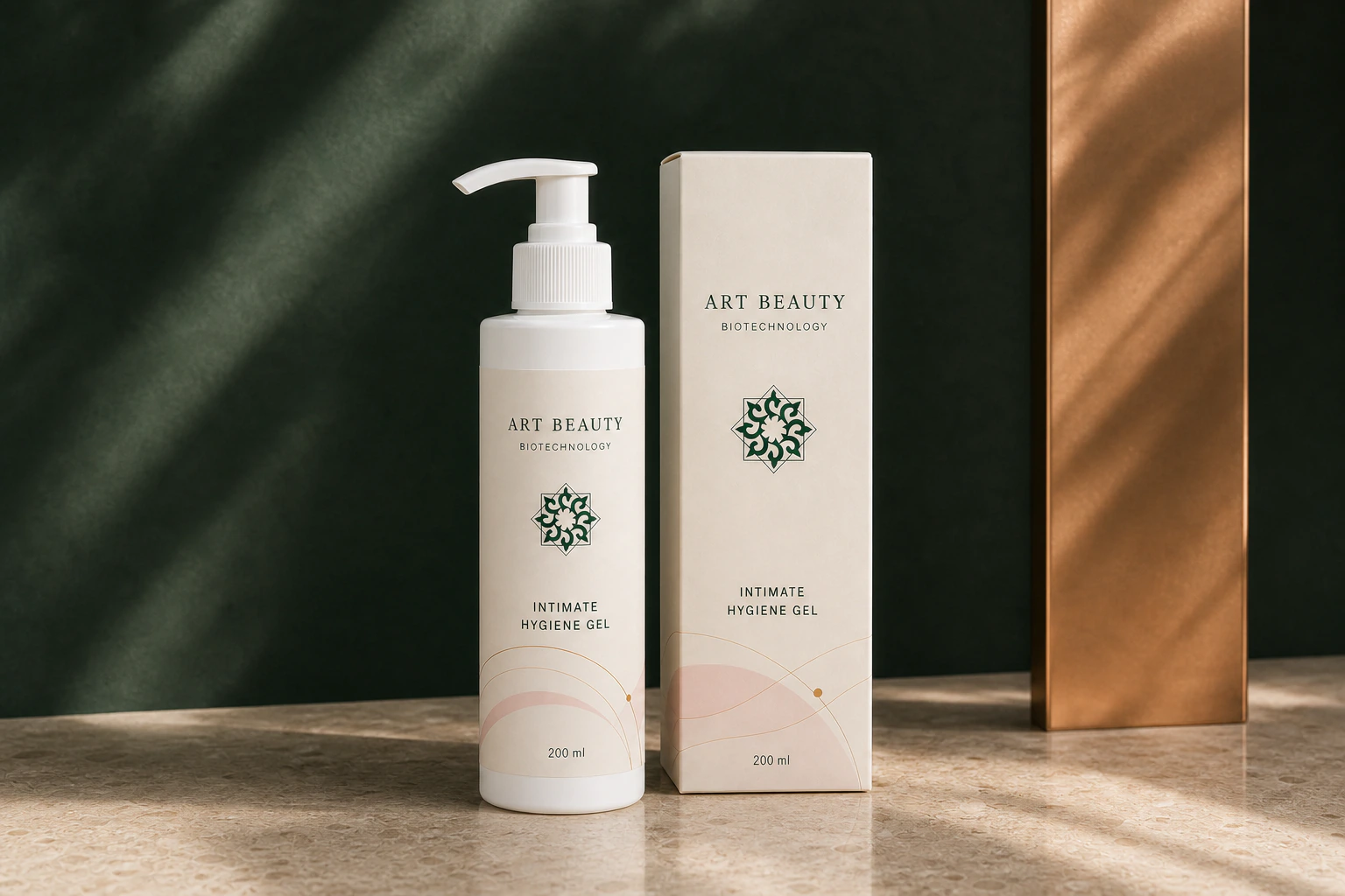 INTIMATE HYGIENE GEL 200 ml, білий дозатор VM-02D і картонна коробка в цілісній композиції Soft Contour.