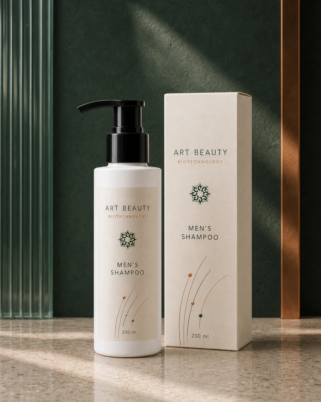 MEN’S SHAMPOO 200 ml у чисто-білому сатиновому флаконі з чорною помпою поруч із картонною коробкою.