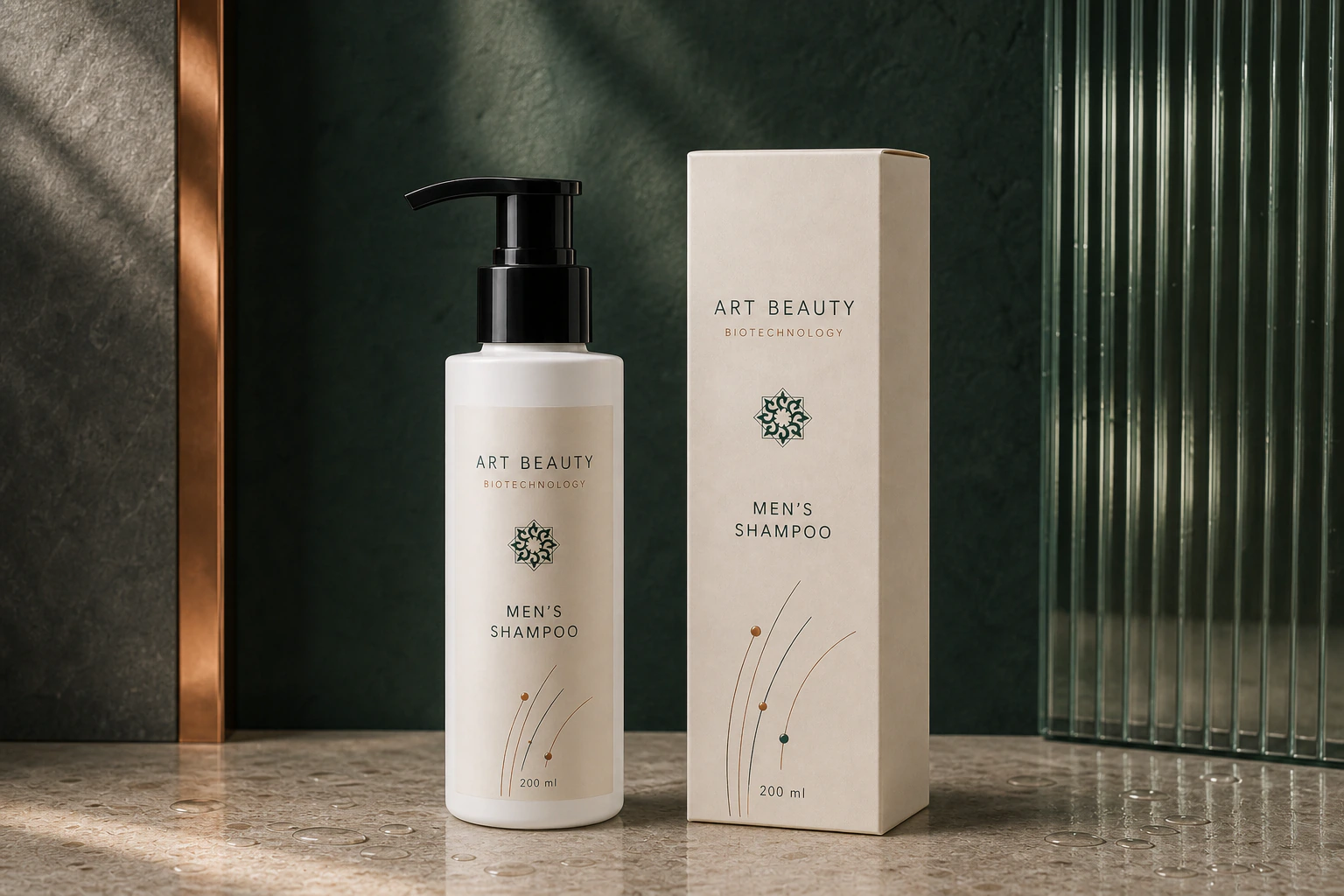 MEN’S SHAMPOO 200 ml із чорною помпою та картонною коробкою у стриманій предметній композиції.