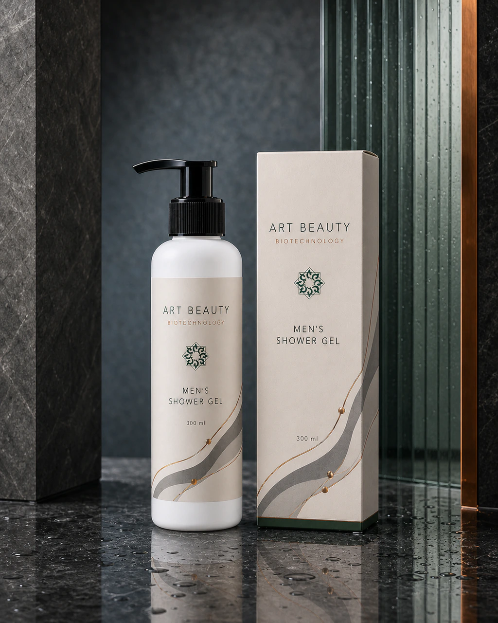 MEN’S SHOWER GEL 300 ml у білому сатиновому флаконі з чорною помпою поруч із картонною коробкою.