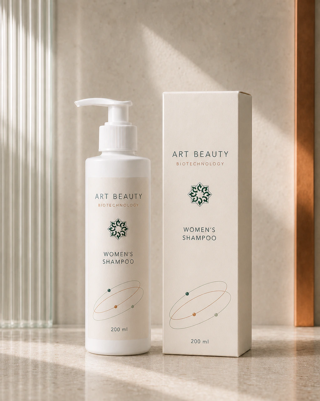 WOMEN’S SHAMPOO 200 ml у білому сатиновому флаконі з білою помпою поруч із картонною коробкою.
