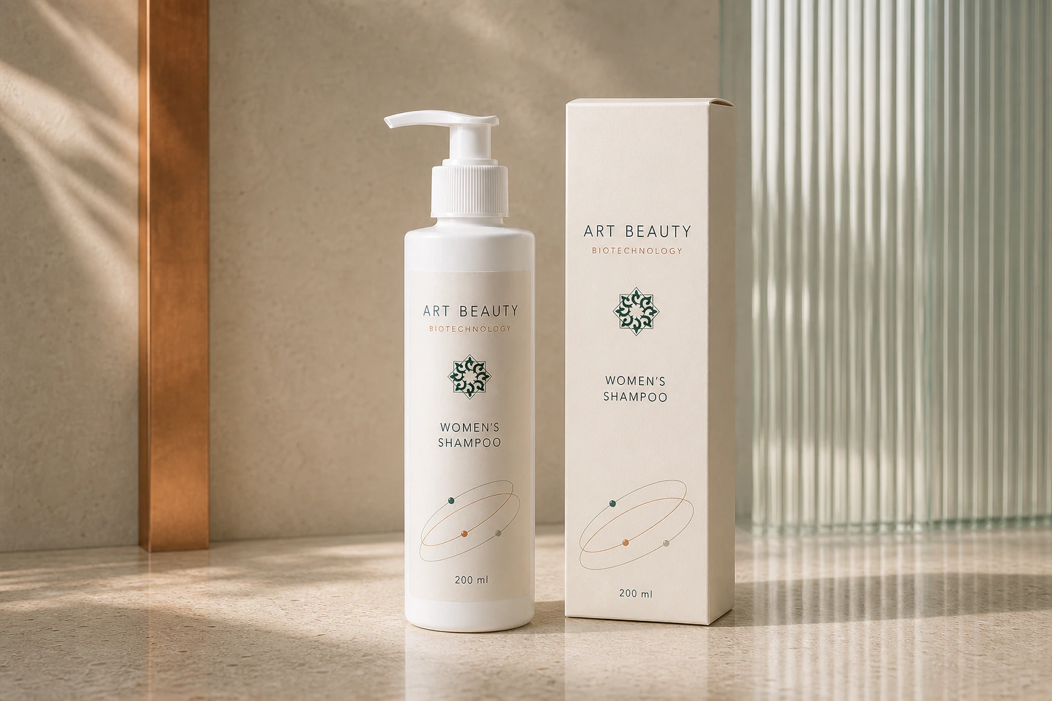 WOMEN’S SHAMPOO 200 ml із білою помпою та картонною коробкою у світлій предметній композиції.