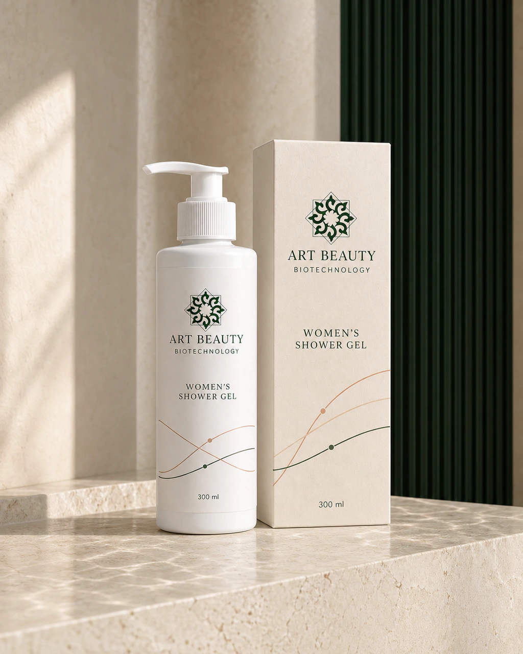 WOMEN’S SHOWER GEL 300 ml у білому сатиновому флаконі з білою помпою поруч із картонною коробкою.